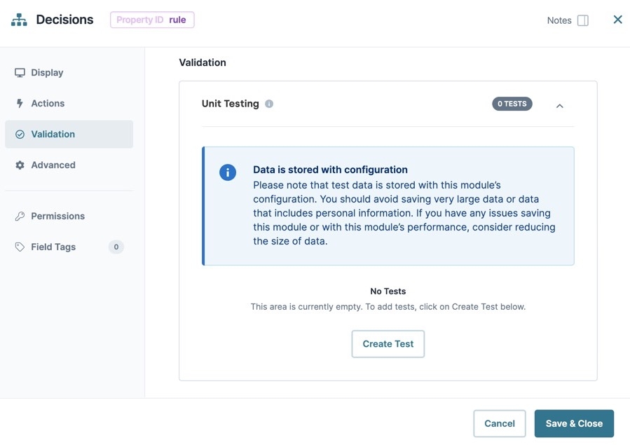 A static image dispaying the Decisions component's Validation settings.
