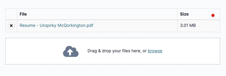 A static image of the File component in Express View. A PDF has been uploaded and displays its filename in a table.