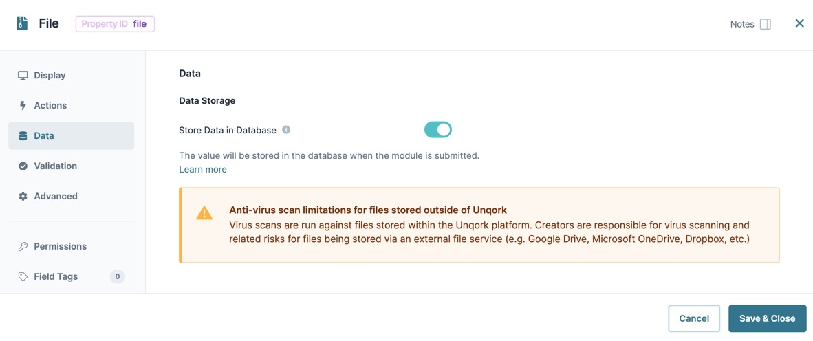 A static image dispaying the File component's Data settings.