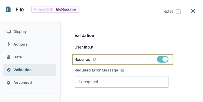 A static image displaying the File component's Validation Settings. The User Input "Required" setting is toggles On.