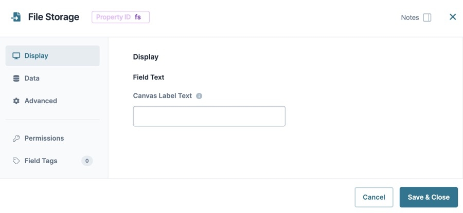 A static image displaying the File Storage component's Display settings.