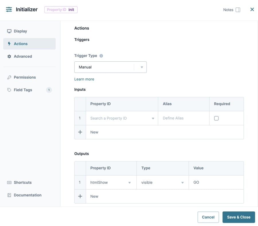 A static image dispaying the Initializer component's Actions settings.