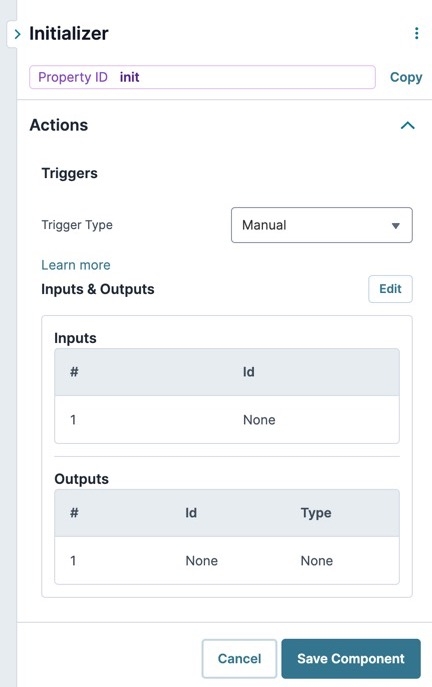 A static image displaying the Initalizer component's Actions settings.