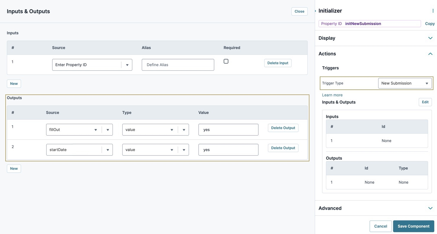 A static image displaying the Initalizer component Actions settings, the Trigger Type is set to New Submission and the Outputs table includes the fillOut and startDate Property IDs.