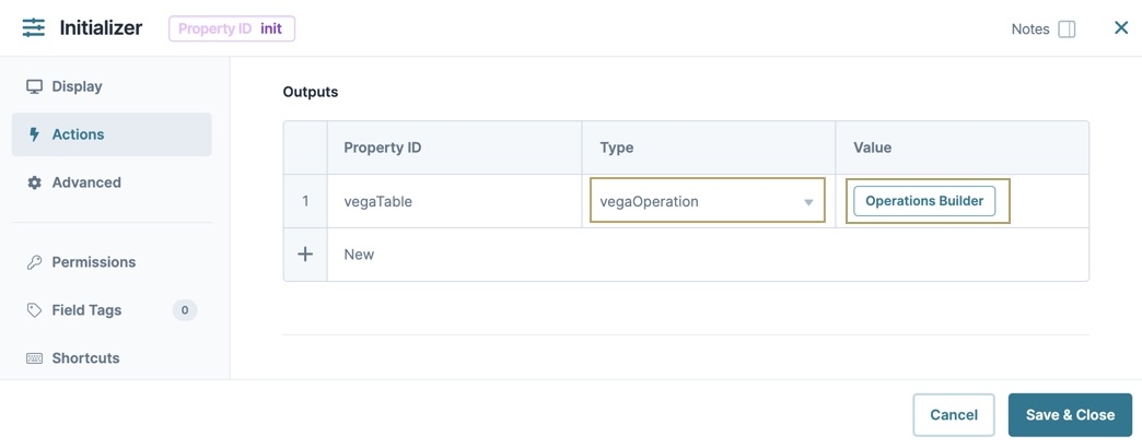 A static image displaying the Initializer Component's Actions settings. The Outputs table's Type is set to vega Operation, and the Value displays the Operations Builder button.