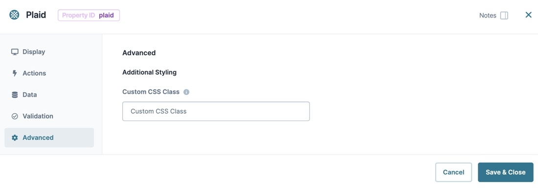 A static image displaying the Plaid component's Advanced settings.