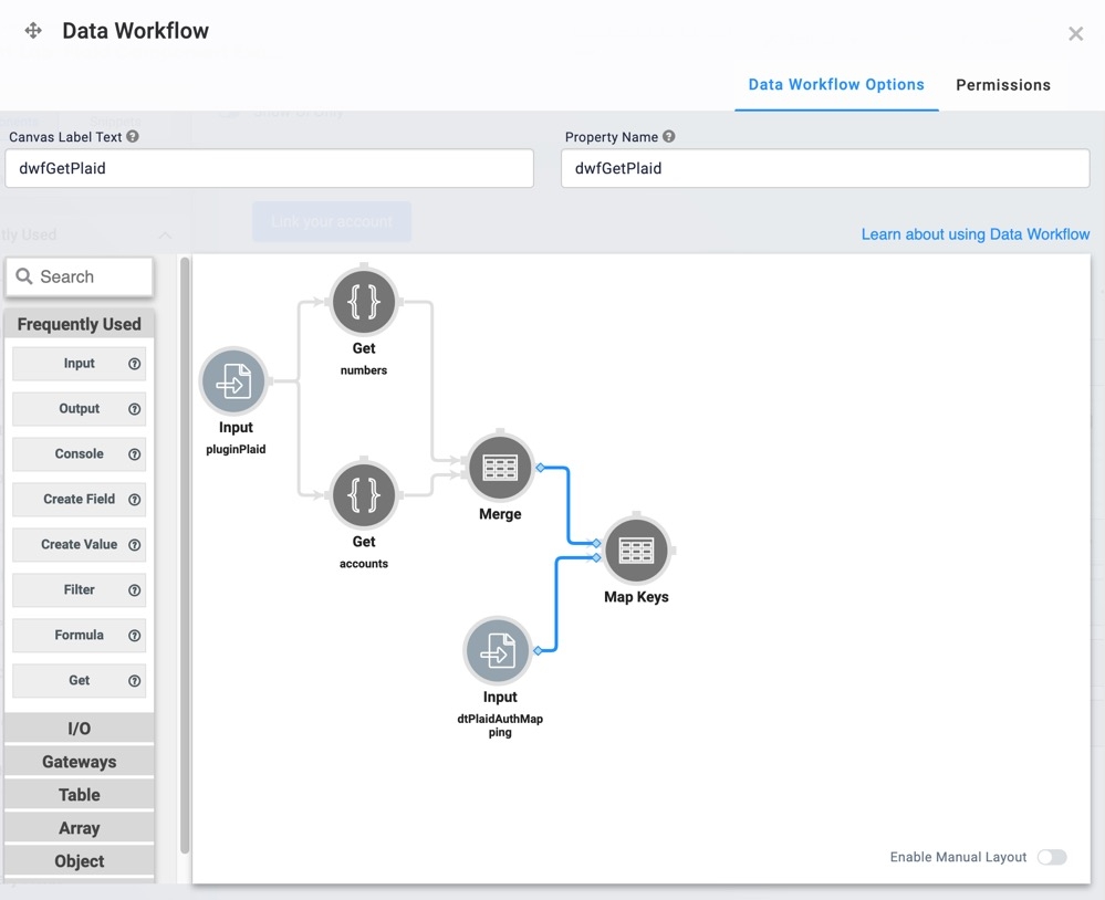 A static image displaying the Data Workflow component's canvas. The Merge and Input operators are connected to the Map Keys operator.