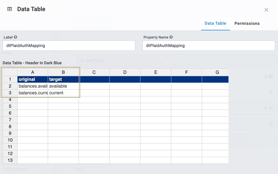 A static image displaying the Data Table component's settings, the Data Table table is highlighted and filled out.