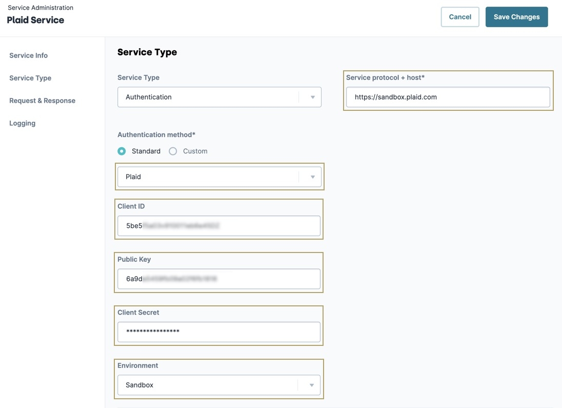 A static image displaying a Plaid Service in the Service Administration page. The required fields are highlighted in gold.