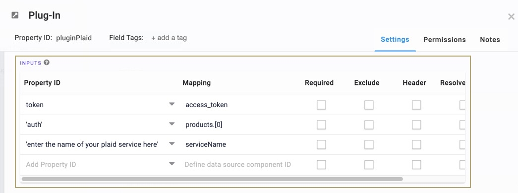 A static image displaying the pluginPlaid Plugin component's Inputs table.