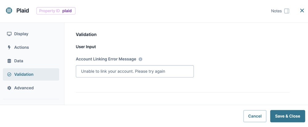 A static image displaying the Plaid component's validation settings.