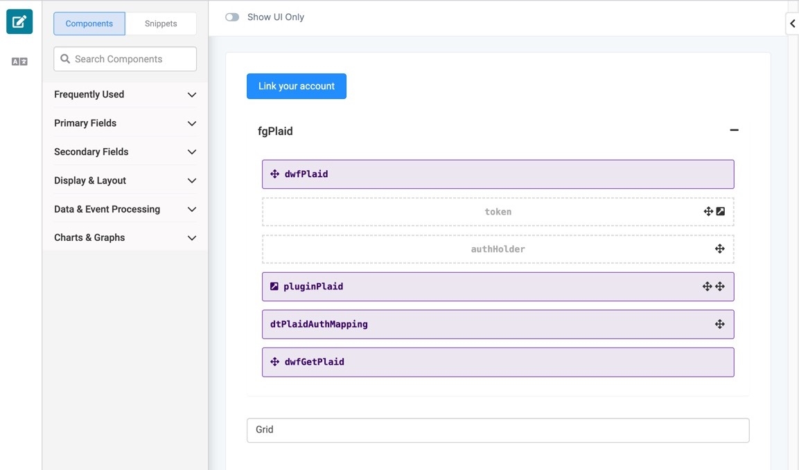 A static image displaying the Module Editor canvas, the Plaid component is set up to link an account, then display it in a ViewGrid.