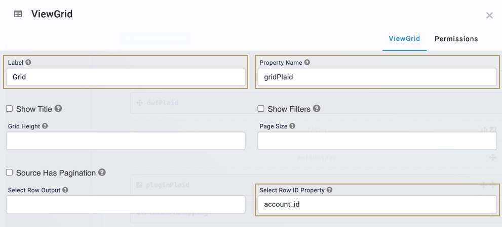 A static image displaying the gridPlaid ViewGrid settings. The Label, Property Name, and Select Row ID Property fields are highlighted.