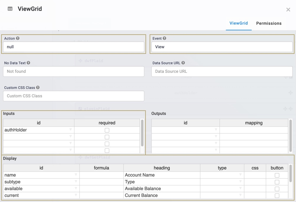 A static image displaying the gridPlaid Viewgrid settings. The Action, Event, Inputs, and Display fields are highlighted and filled out.
