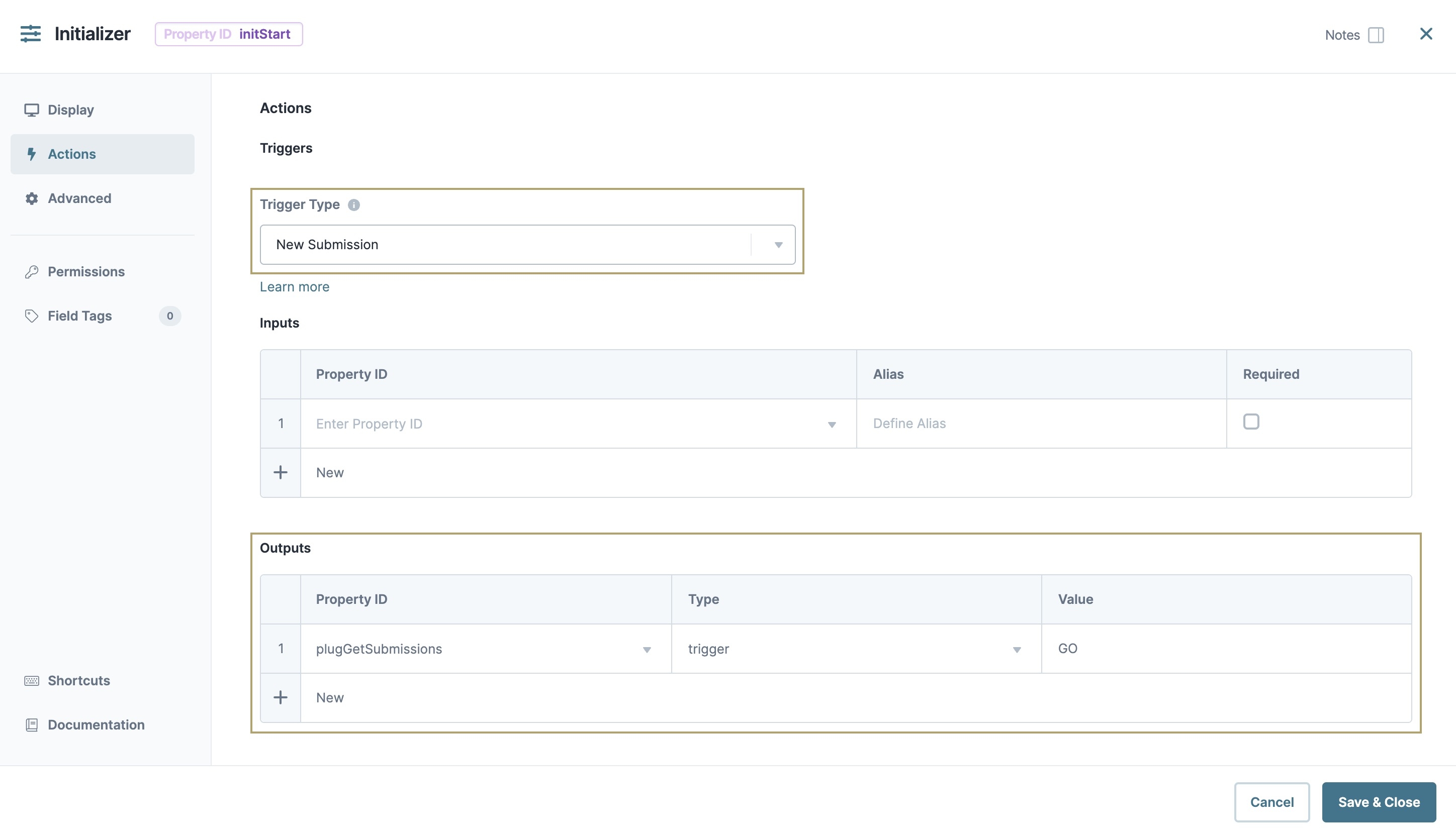A static image displaying the Initializer component's New Submission Trigger Type and Output table configuration.