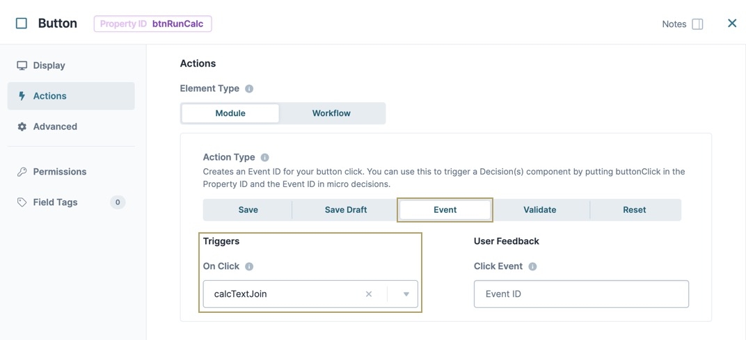 A static image displaying the btnRunCalc Button component's Action settings. The Action Type is set to Event, and the Triggers On Click field is set to calcTextJoin.