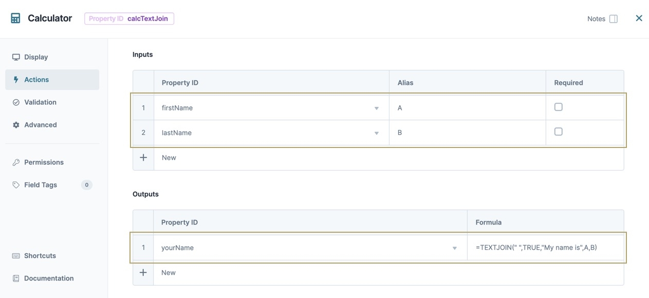 A static image displaying the calcTextJoin Calculator component's Actions settings. The Inputs table includes the firstName and lastName fields, and the Outputs conmtains the yourName field.