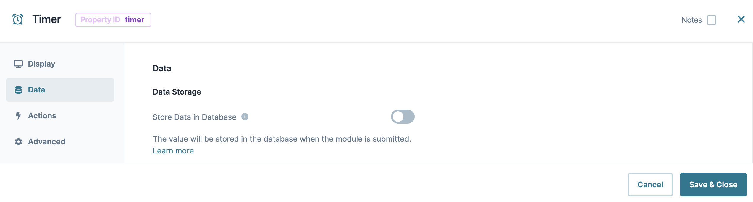 A static image dispaying the Timer component's Data settings.