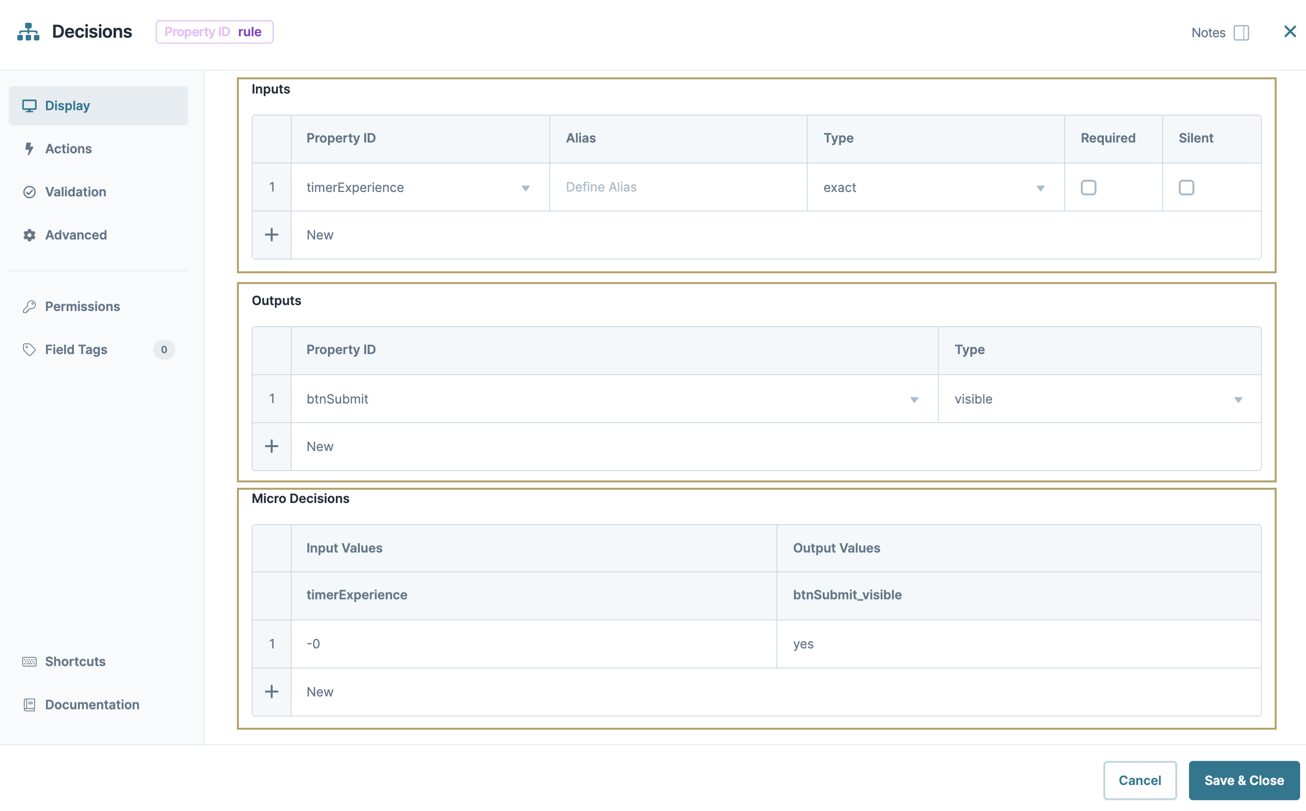 An animated image displaying the Decision component's Inputs and Outputs settings.