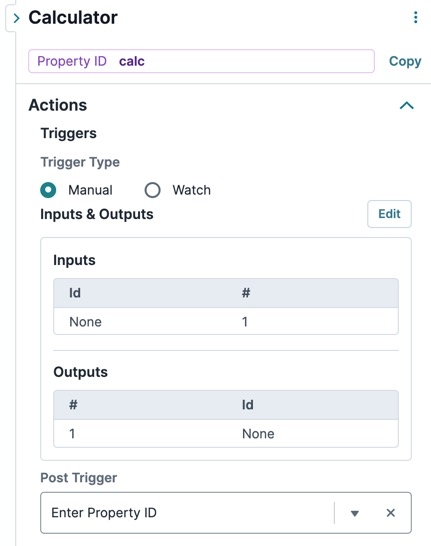 A static image displaying the UDesigner Calculator component's Triggers settings.