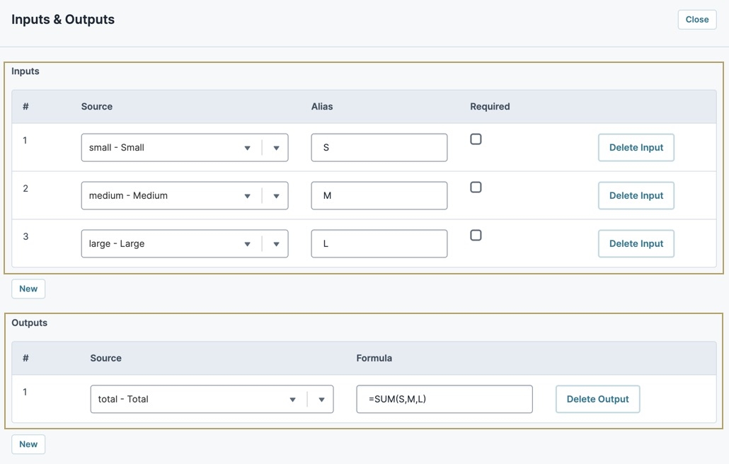 A static image displaying the calcTotal Calculator component's Inputs and Outputs values.
