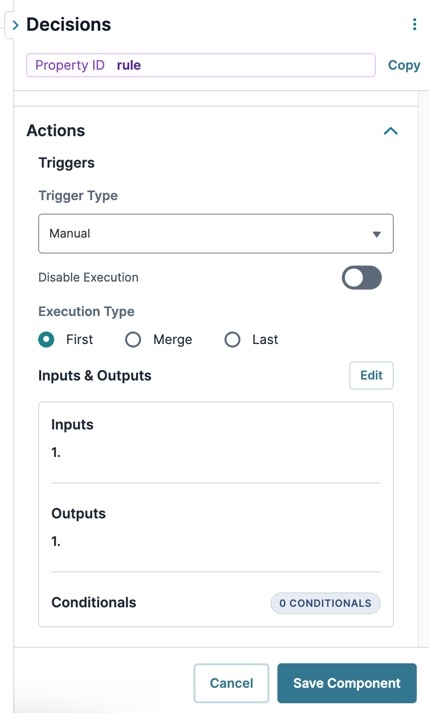 A static image displaying the UDesigner Decisions component's Actions settings.