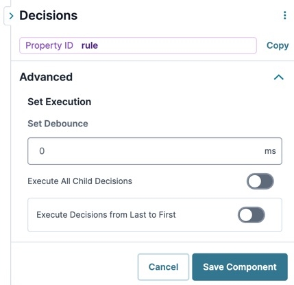 A static image displaying the UDesigner Decisions component's Advanced settings.