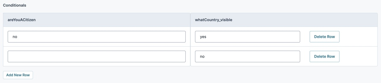 A static image displaying the Decisions component's Actions settings, the Conditionals table is highlighted and filled out.