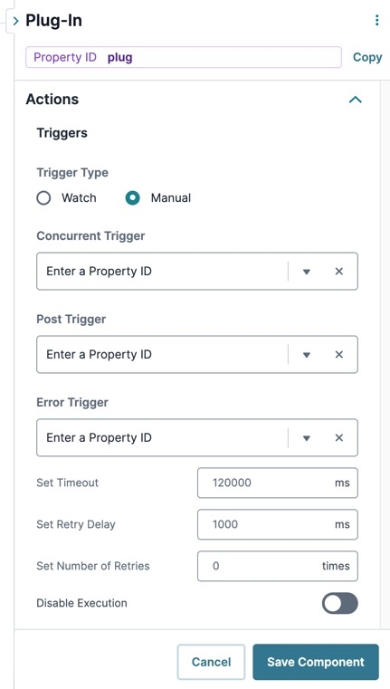 A static image displaying the UDesigner Plug-In component's Actions setting.