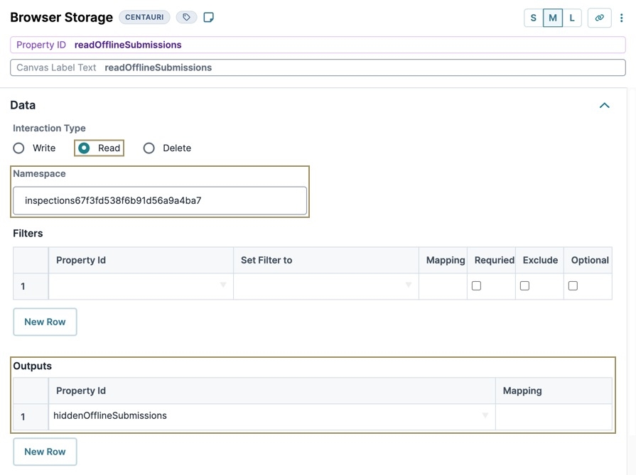 A static image displaying the Browser Storage component's Data Settings. The Interaction type is set to Read, the Namespace is filled, and the Outputs table contains the hiddenOfflineSubmissions Property ID.