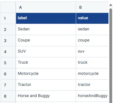 A static image displaying a Data Table componant with two columns and eight rows of data.