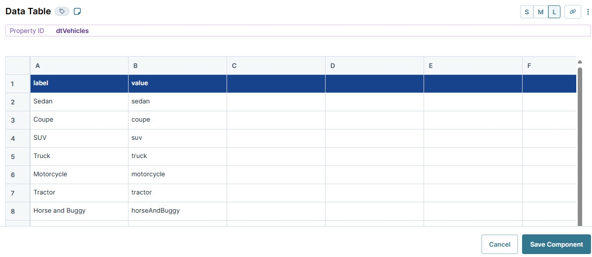 A static image displaying the Data Table component's configuration window. The data table list displays several types of vehicles.