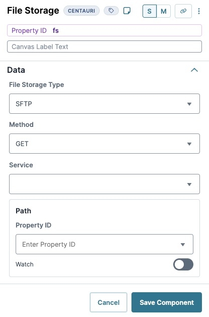 A static image displaying the File Storage component's Data settings.