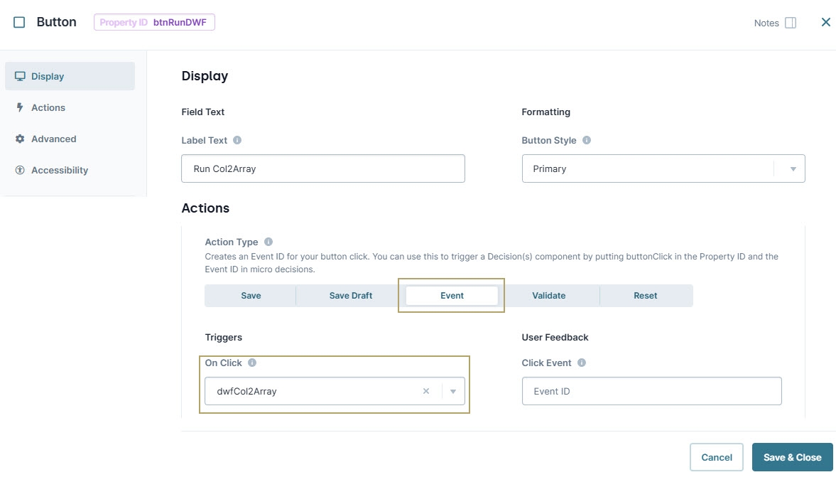 A static image displaying the Button component's completed configuration in the configuration window.