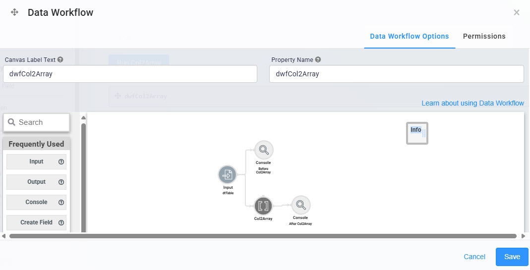 A static image displaying the Data Workflow component's completed configuration in the configuration window.