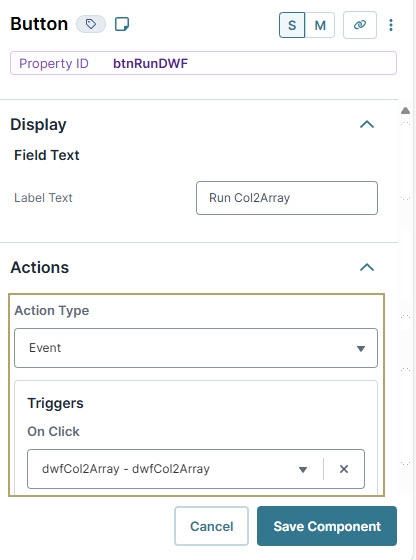 A static image displaying the Button component's completed configuration in the configuration window.