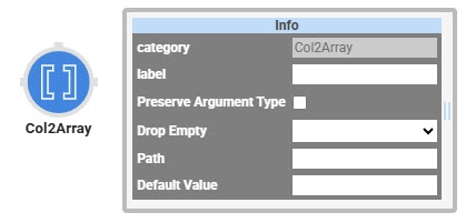 A static image displaying the Classic Dessigner's- Data Workflow component's Col2Array Operator icon and information window.