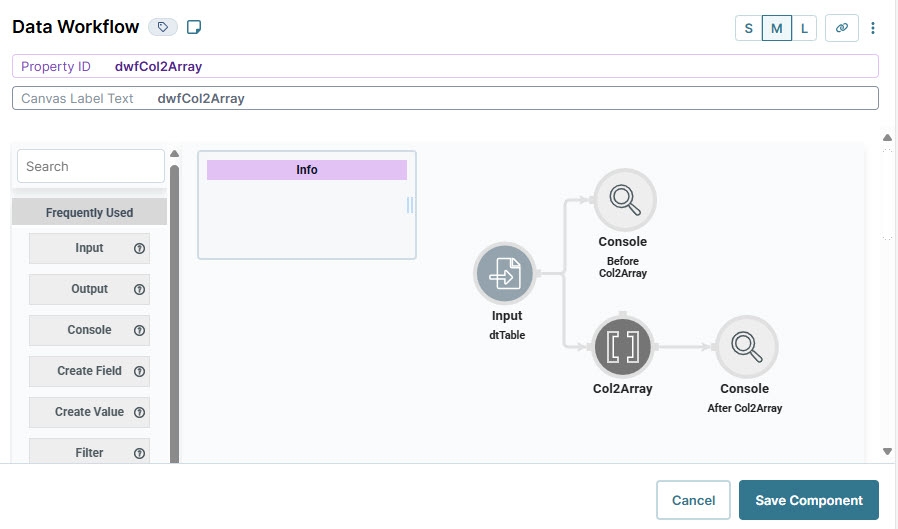 A static image displaying the Data Workflow component's completed configuration in the configuration window.