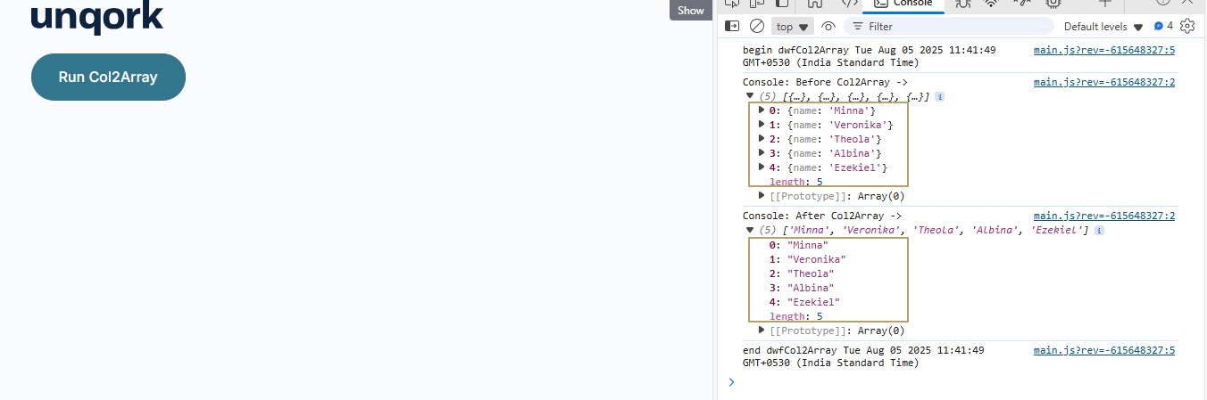 A static image displaying the data returned in the DevTools Console in Express View.