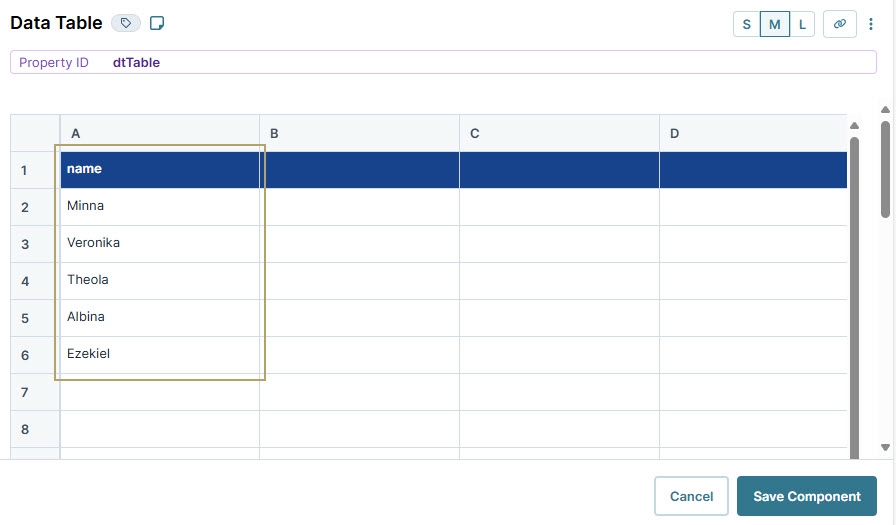 A static image displaying the list of names in a Data Table.