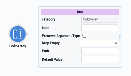 A static image displaying the Data Workflow component's Col2Array Operator icon and information window.