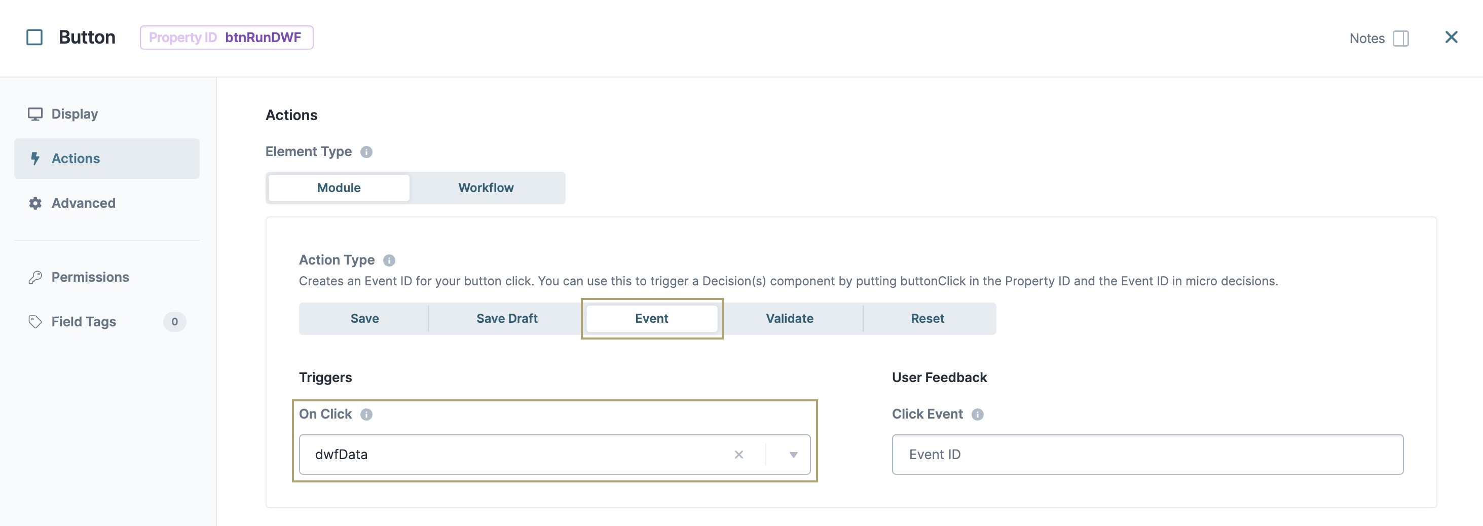 A static image displaying the Button component's configuration, the Event Action type and Trigger On Click field are highlighted.