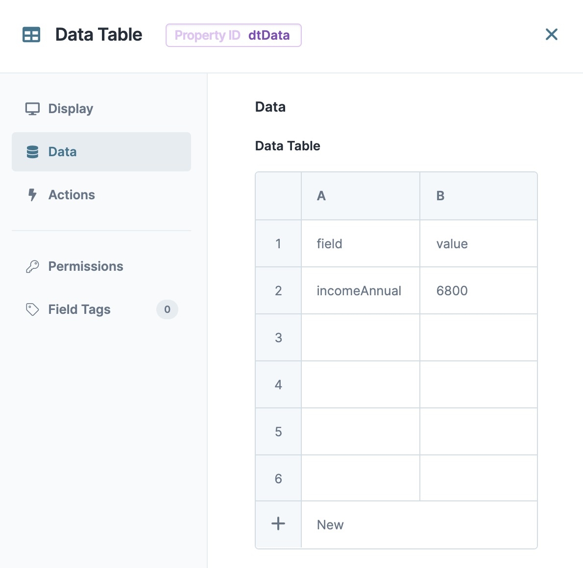 A static image displaying the Data Table component's configuration window. The data table list displays an annual income value.