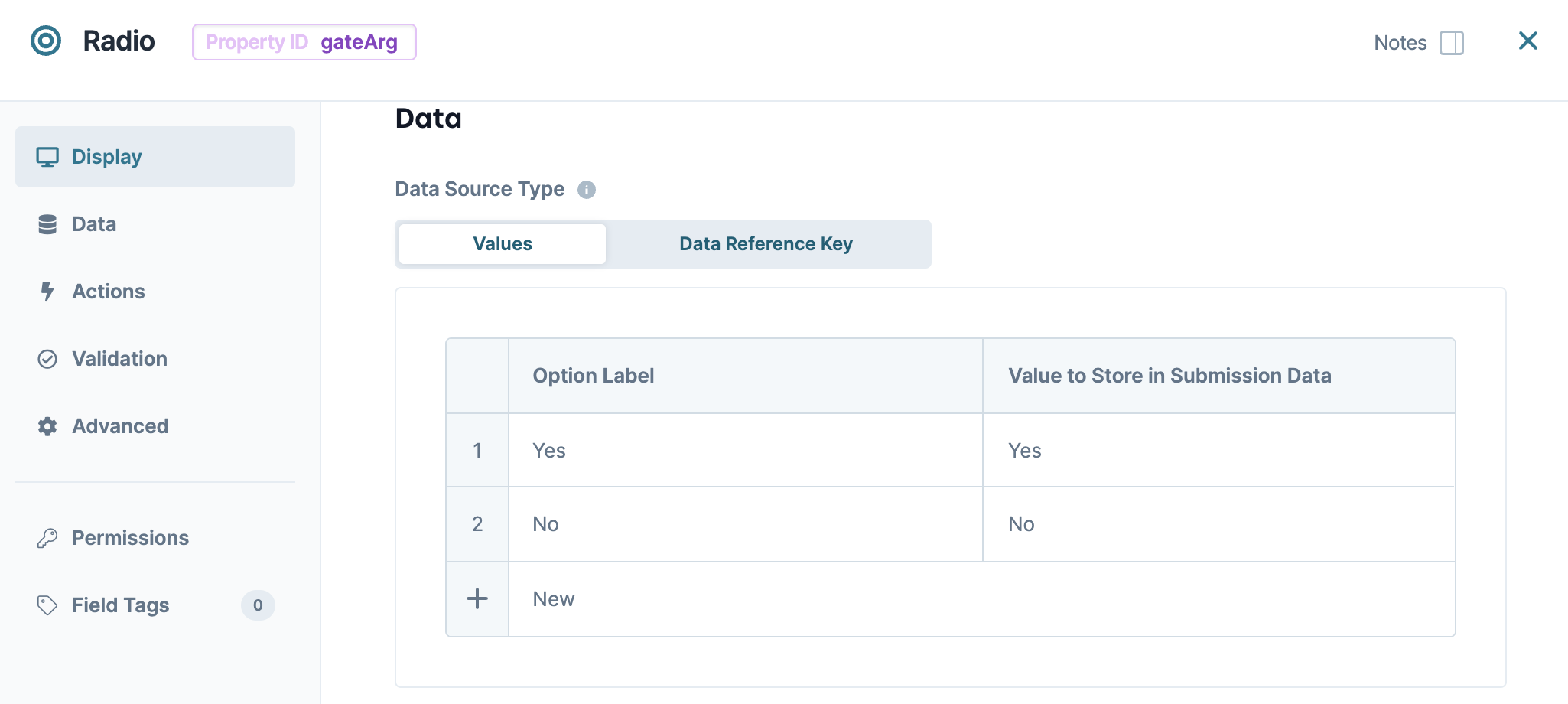 A static image displaying the Radio Buttons component Data Source Type configuration. 