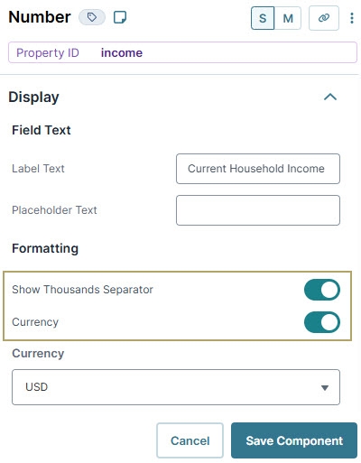 Static image showing the Number component configuration window, with the Currency and Show Thousands separator toggles set to ON.