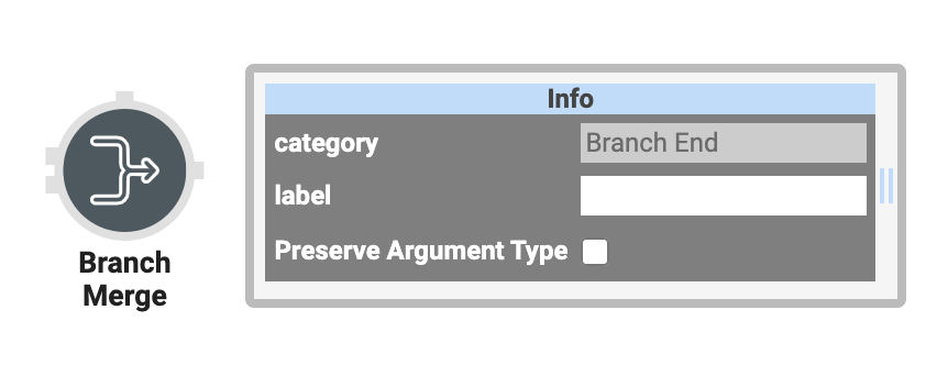 A static image displaying the Branch Merge operator and its Settings Info window.