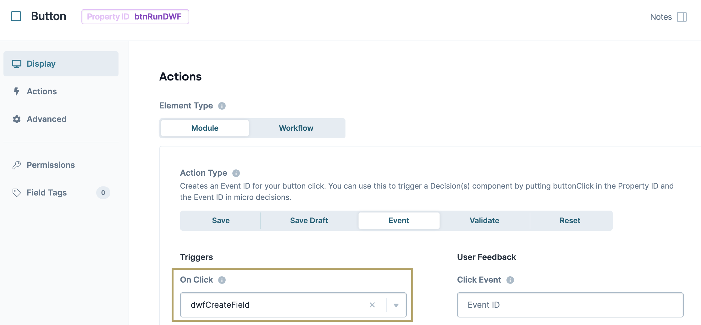 Static image showing the Button component's Action Type configuration in the Create Field operator use case.