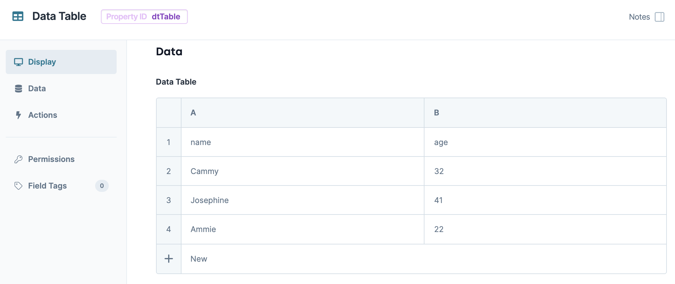 A static image displaying the Data Table configuration in the Create Field operator use case.