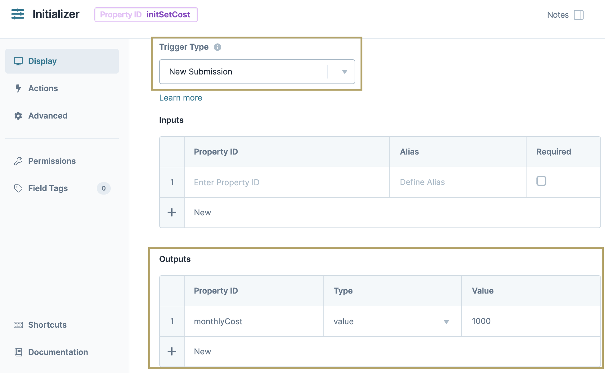 Static image showing the Initializer configuration in the Formula operator use case.