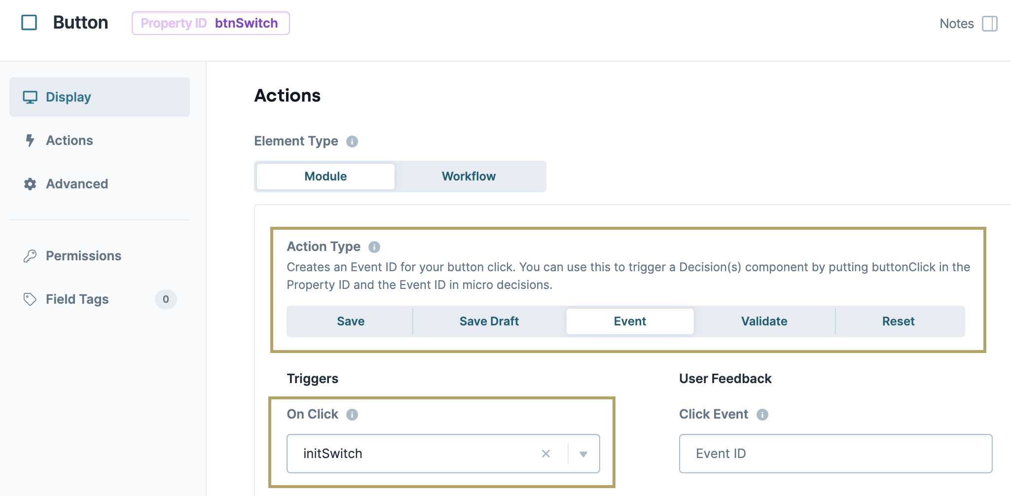 Static image showing the Button component's Action Type configuration in the Input Switch operator use case.